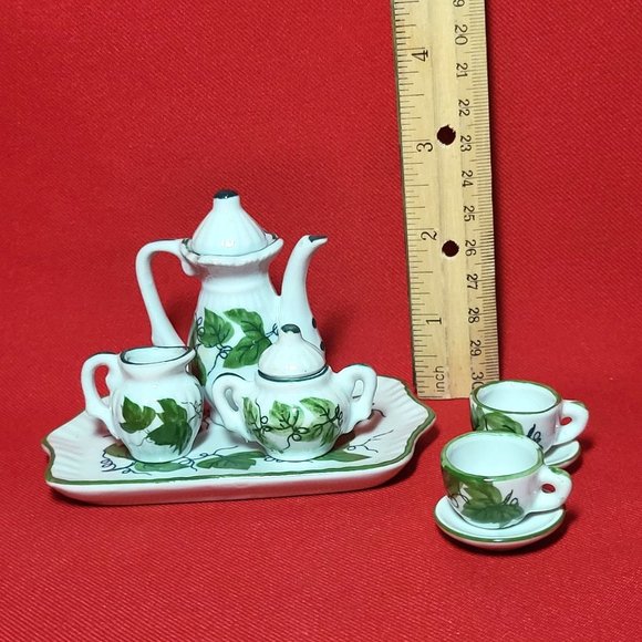 VTG Miniature Teapot Set Ivy Green Leaves 10 Pc - Picture 7 of 15